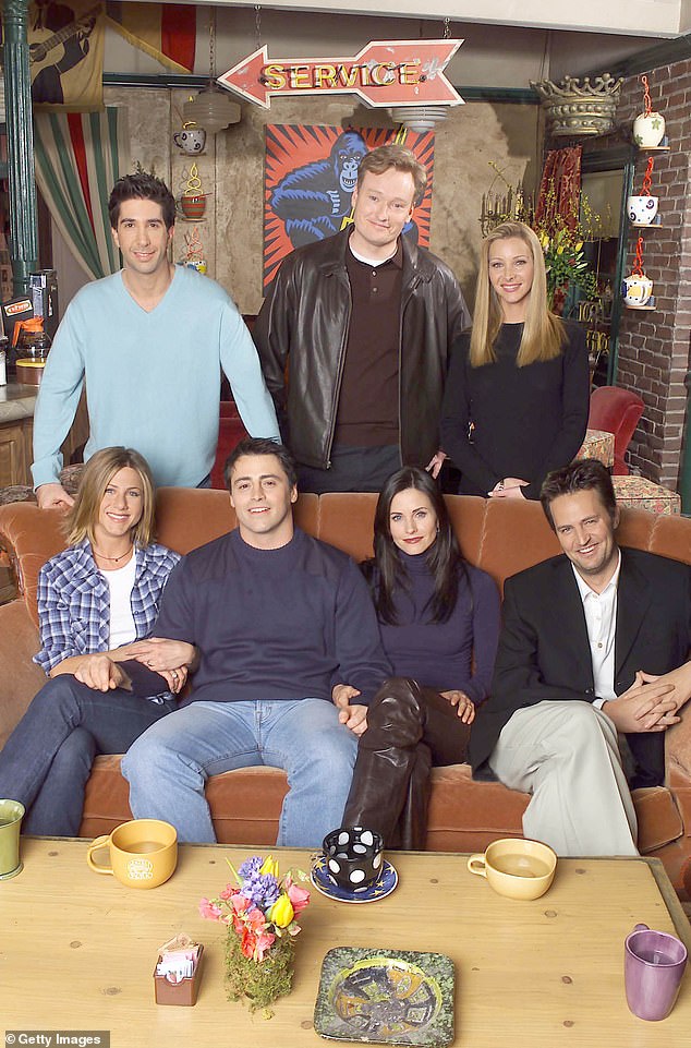 Cast members of NBC's comedy series Friends in 2001. Pictured (l to r, seated): Jennifer Aniston, Matt LeBlanc, Courteney Cox and Matthew Perry (standing left) David Schwimmer, Lisa Kudrow (right) talk show host Conan O''Brien (center)
