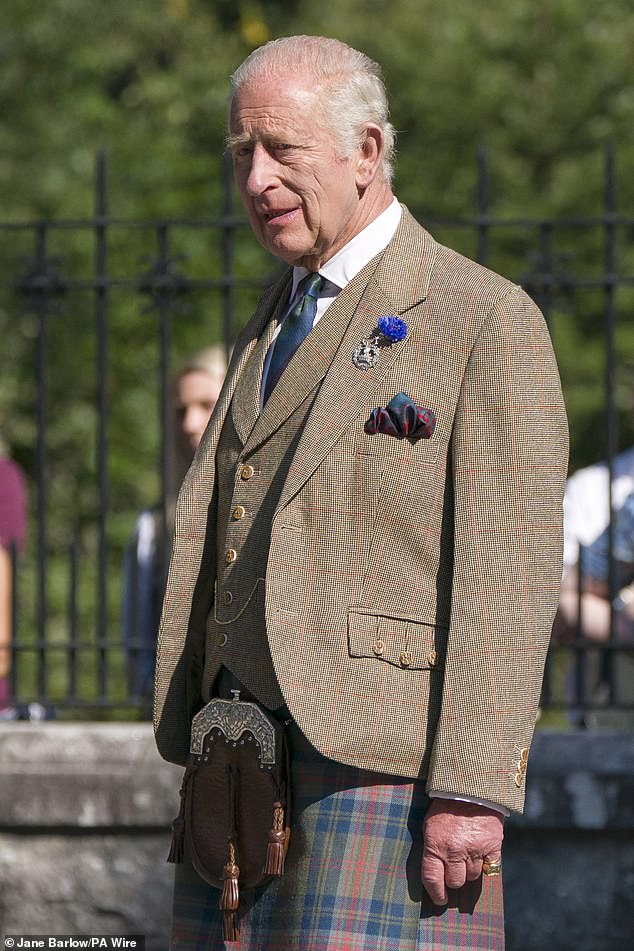 The duke has, however, been allowed to join King Charles (pictured inspecting the Balaklava Company, 5th Battalion, The Royal Regiment of Scotland, at the gates of Balmoral on Monday), Queen Camilla and other members of the family at Balmoral