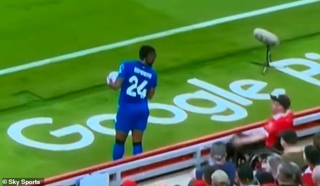 In the 29th minute of the match Semenyo had gone to take a throw in and TV footage appeared to show him having an exchange with a fan who was in a wheelchair, pictured bottom right