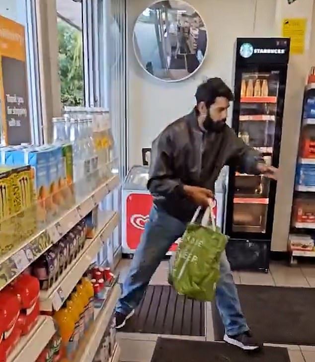 It comes as shoplifting surges to a record high across the UK, spiralling out of control in stores throughout the nation. Pictured: File photo of a recent shoplifting crime caught on camera at a Sainsbury's supermarket in London