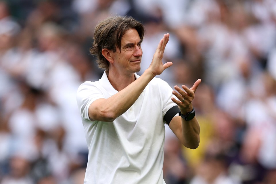 Thomas Frank, manager of Tottenham Hotspur, celebrating a victory.