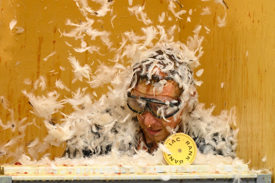 A contestant covered in feathers and goop during a bushtucker trial.