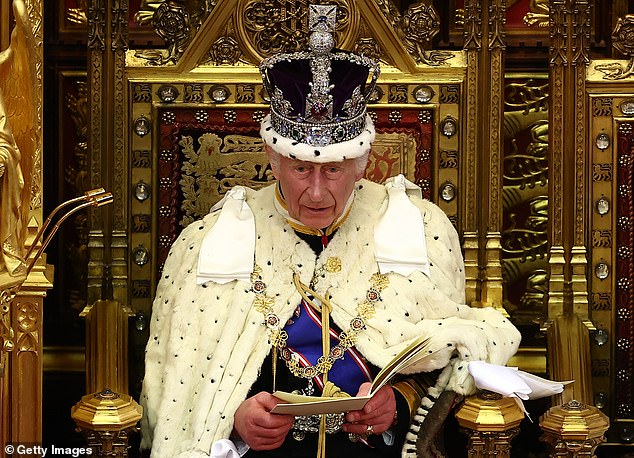 The King, wearing the Imperial State Crown like his mother once did, at the State Opening of Parliament earlier this year