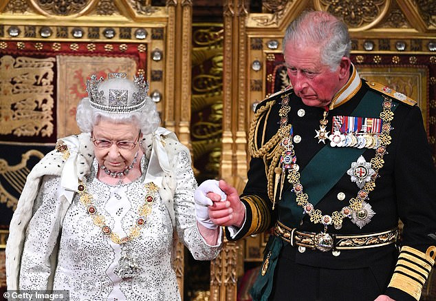 The then Prince of Wales with the Queen after the State Opening of Parliament in 2019