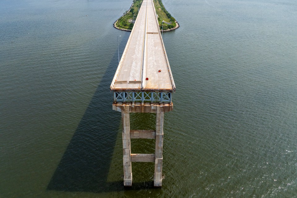 Aerial view of the damaged Francis Scott Key Bridge.