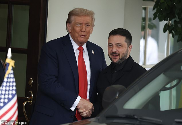 President Donald Trump greets Ukrainian President Volodymyr Zelensky at the White House
