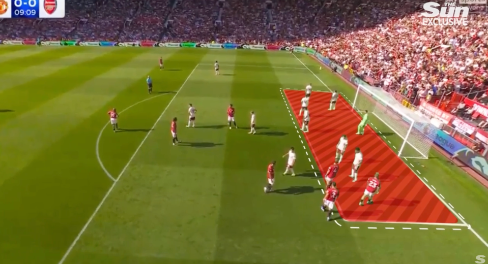 Screenshot of a soccer game showing a team's offensive strategy highlighted on the field.