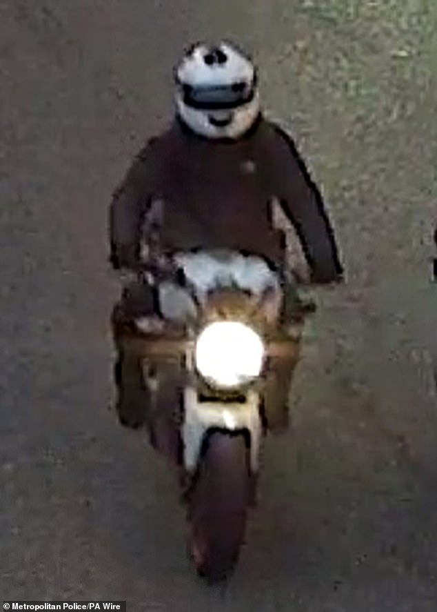 CCTV image issued by Metropolitan Police of the motorcyclist wanted in connection with the shooting at the restaurant on Kingsland High Street, Hackney, who has never been traced