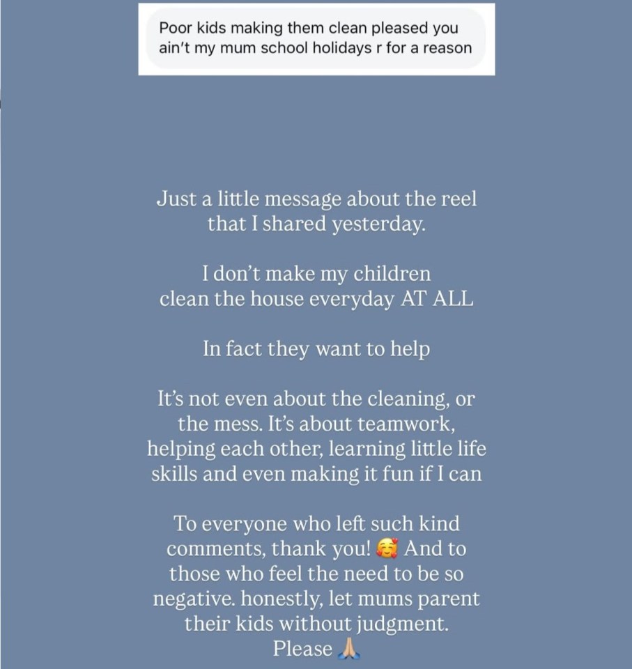 Screenshot of Instagram post explaining why children help with cleaning.