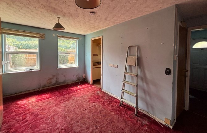 Interior view of a single-room bungalow's main room, showing red carpeting, light blue walls, and a stepladder.