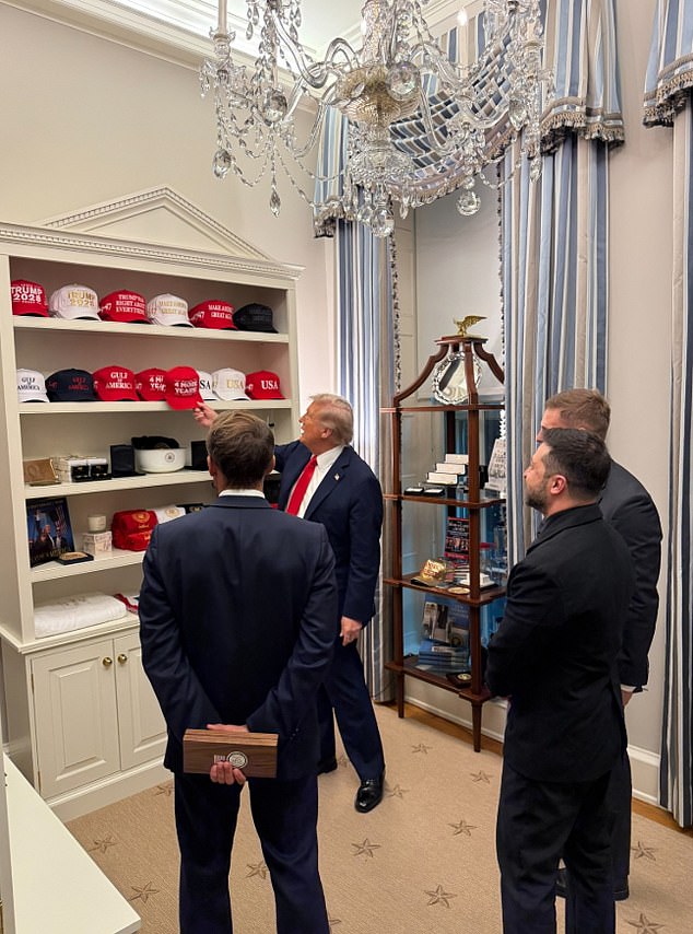 Trump also seized the moment to give Zelensky and Macron a look at some of his own fashion items at his MAGA gift shop at the White House