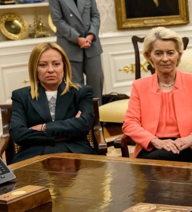 Another moment also shows her appearing uninterested in discussions as the leaders sat around the Oval Office listening to Trump