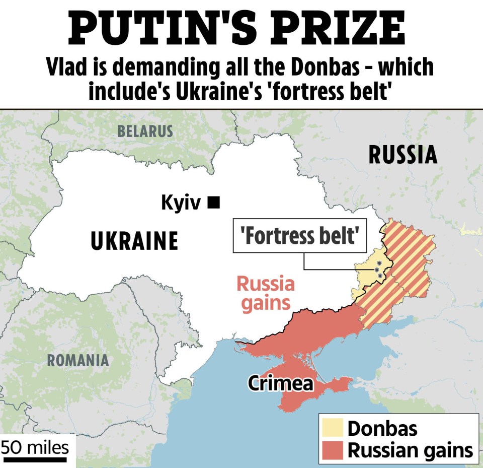 Map of Ukraine showing Russian territorial gains and Putin's demands.