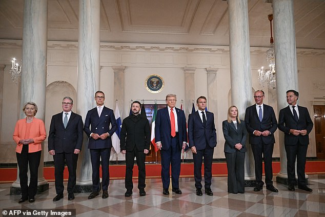 European leaders in the White House yesterday to meet with US President Donald Trump (centre). Pictured (left to right): European Commission president Ursula von der Leyen, Prime Minister Keir Starmer, Finnish president Alexander Stubb, Ukrainian president Volodymyr Zelensky, US President Donald Trump, French president Emmanuel Macron, Italian prime minister Giorgia Meloni, German chancellor Friedrich Merz and Nato Secretary-General Mark Rutte
