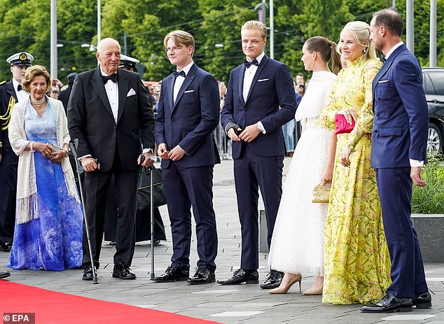 Pictured from L to R: Queen Sonja, King Harald, Prince Sverre Magnus, Marius Borg Hoiby, Princess Ingrid Alexandra, Crown Princess Mette-Marit, and Crown Prince Haakon in Oslo, 2022