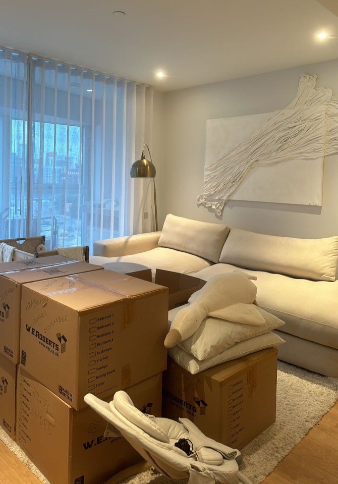 A living room packed with boxes ready to be moved to Dubai.