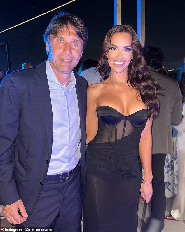 Even manager Antonio Conte, pictured with reporter Simona Leskovska, enjoys letting his hair down