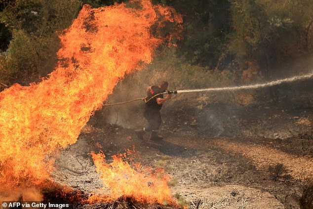 A firefighter battles a blaze in Delvine, southeast Albania on August 13