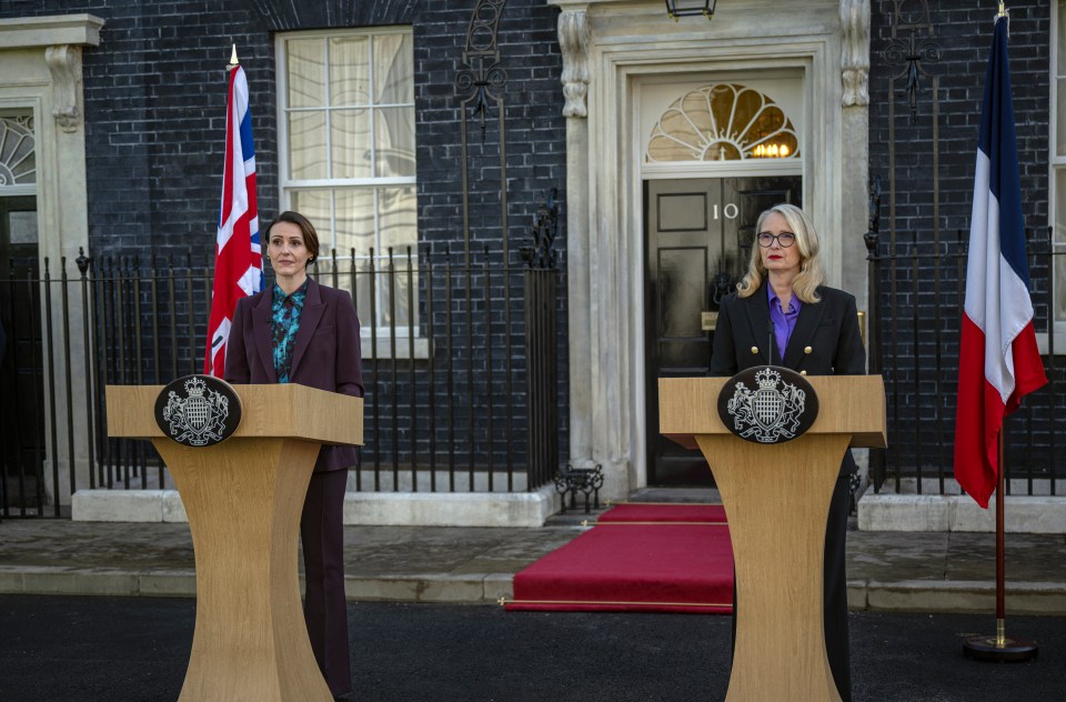 Suranne Jones and Julie Delpy at a press conference outside 10 Downing Street.