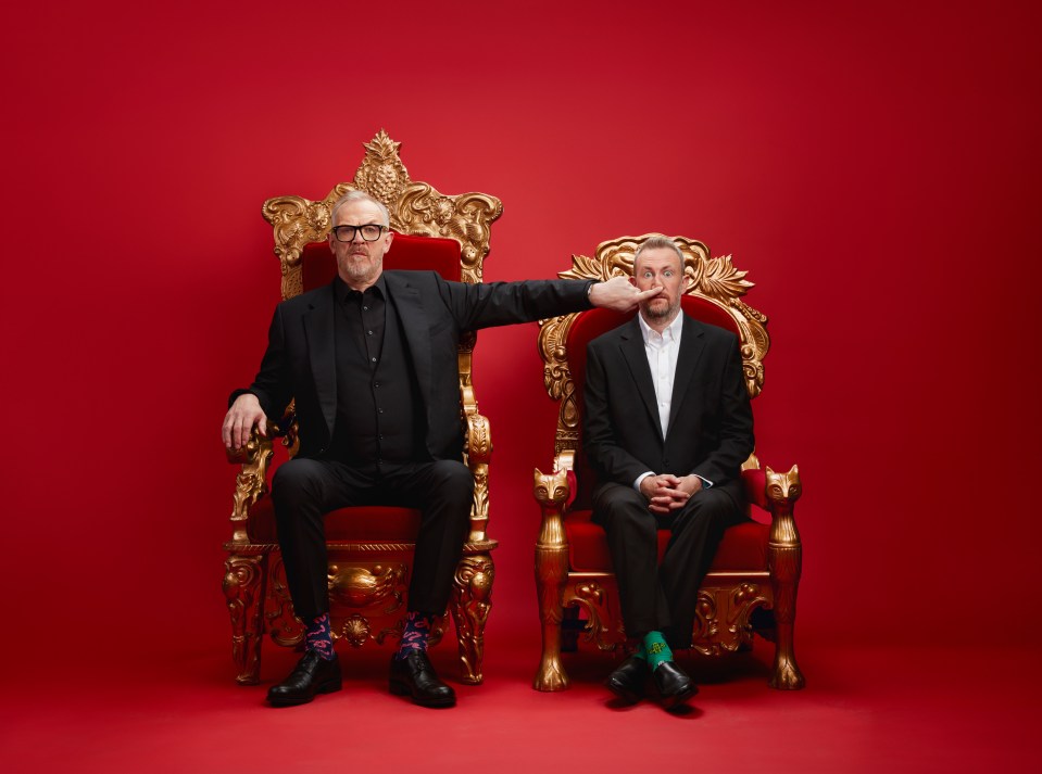 Greg Davies and Alex Horne sitting in ornate chairs.