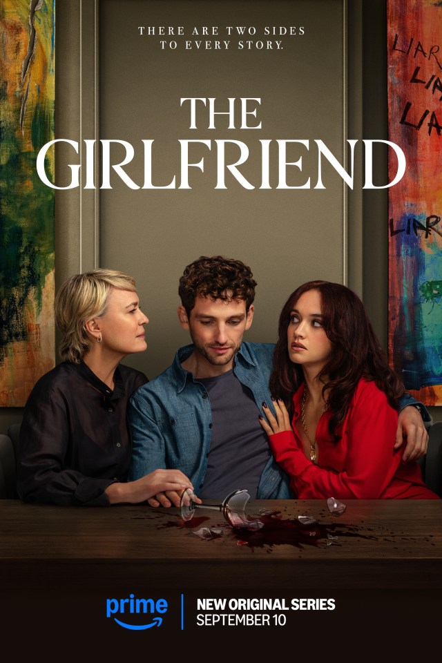 "The Girlfriend" Amazon Prime series poster: three people sit at a table with a broken wine glass.