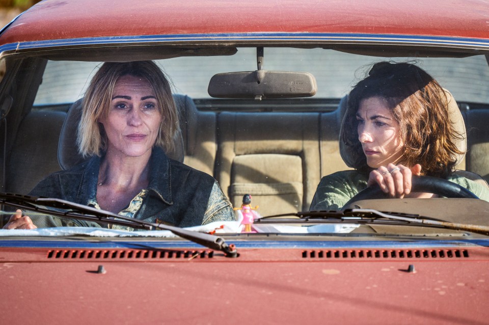 Jodie Whittaker and Suranne Jones in a car.
