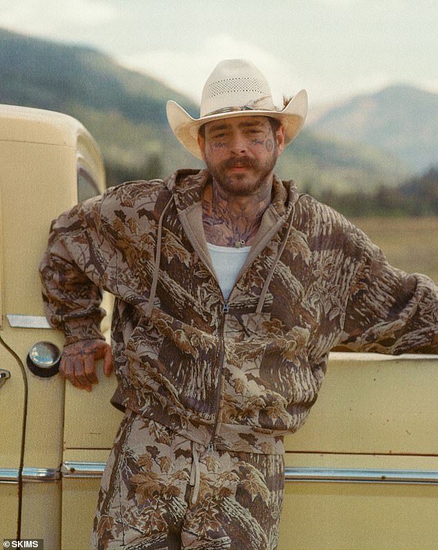 'Post Malone for SKIMS Mens. @postmalone debuts our signature SKIMS Cotton and new Heavyweight Fleece fabrication in official Realtree camo print, launching August 21 at 7AM PT, the brand announced on Tuesday