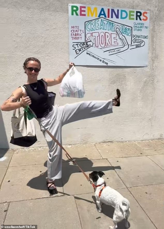 Just hours before her serious sit-down update, Emhoff posted a TikTok visiting a California-based thrift store, waving a plastic bag in the air while posing in front of the store¿s sign (pictured)
