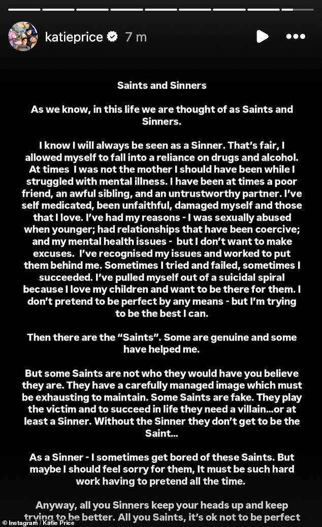 Katie later responded to Peter's bombshell statement with a bizarre Instagram post about 'fake Sinners who play the victim' on Friday
