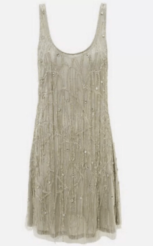 Beige beaded flapper dress.