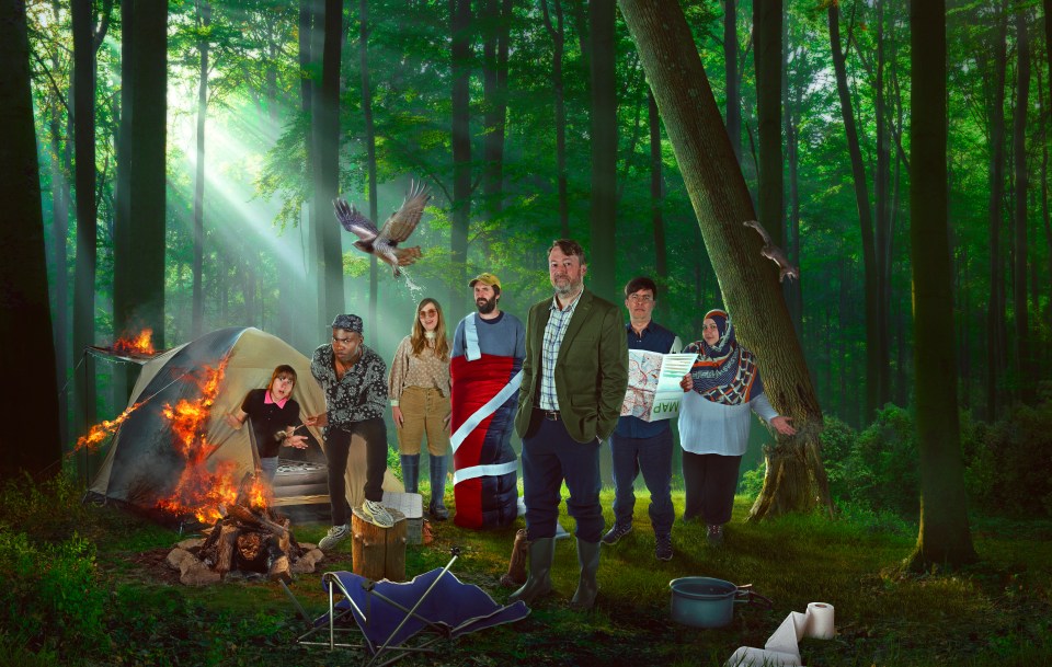 Key art for Outsiders, showing Maisie Adam, Darren Harriott, Jessica Hynes, Joe Wilkinson, David Mitchell, Phil Wang, and Fatiha El-Ghorri in a forest.