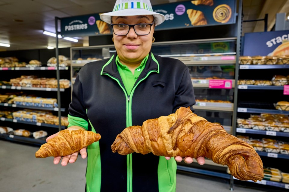 *** FREE FOR EDITORIAL USE ***.Asda has created a croissant five times bigger than standard - to echo the difference in price between the baked goods at different retailers and celebrate the launch of its in-store single serve bakeries.