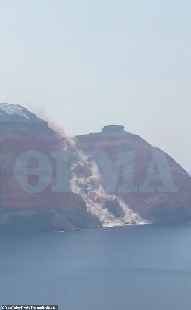 A huge section of land suddenly gave way in the clifftop village of Imerovigli on Sunday afternoon after intense construction activity made the ground unstable