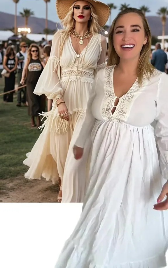 Georgia Harrison holding up a maternity dress next to an image of a model wearing a similar dress.