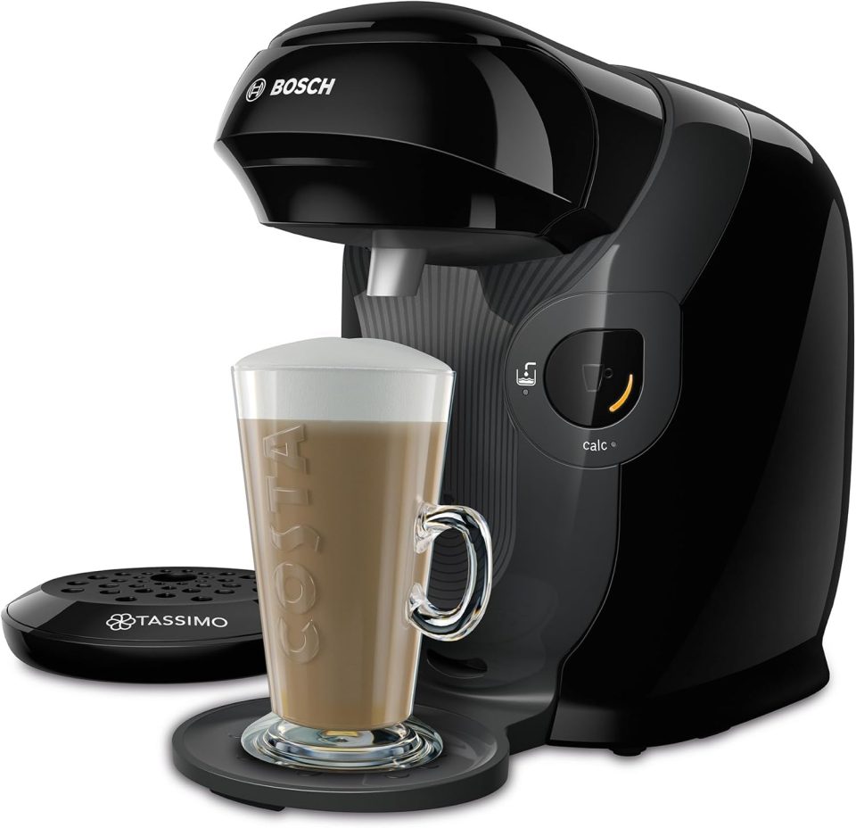 Black Tassimo by Bosch coffee machine making a Costa latte.
