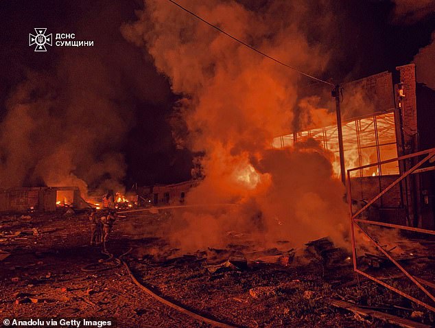 Firefighters and Ukrainian emergency service workers extinguish a fire that broke out after Russian attacks in Okhtyrka, Sumy Oblast, Ukraine on August 20, 2025