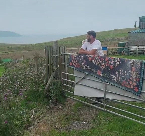 Man leaning on a gate overlooking a coastal view.