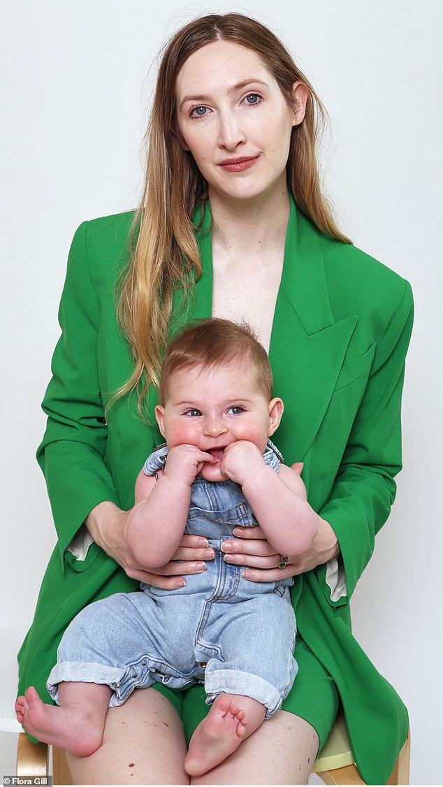 Flora now, with her baby son Jesse. It might surprise you to learn that my husband suggested I show my bump, she writes