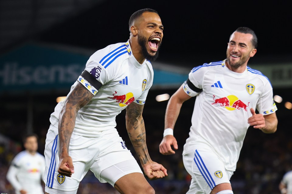 Lukas Nmecha of Leeds United celebrating a goal.