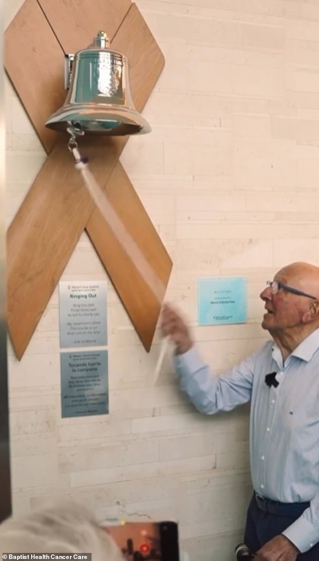 Judge Frank Caprio, dubbed the Nicest Judge in the World, ringing the bell after his last chemotherapy treatment