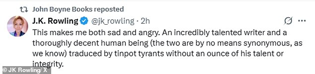 On X, JK Rowling replied to an article her fellow under-fire author wrote today about the ordeal