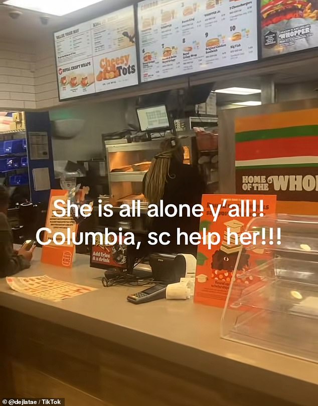 Last month, a customer waiting for their food at the Burger King posted a video to TikTok showing Hamilton completely alone, hustling between stations to prepare each order while a line of customers slowly formed (pictured)