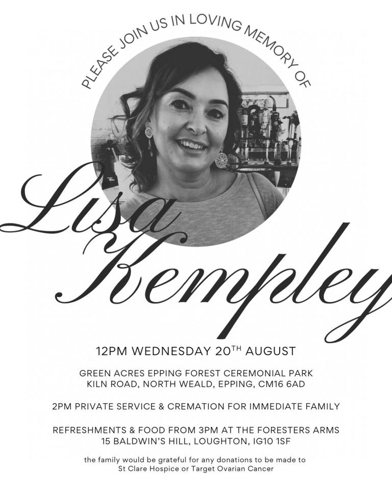 Funeral announcement for Lisa Kempley.