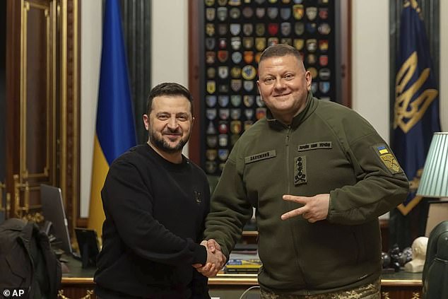 In this photo provided by the Ukrainian Presidential Press Office, Ukrainian President Volodymyr Zelenskyy, left, shake hand with Commander-in-Chief of Ukraine's Armed Forces Valerii Zaluzhnyi during their meeting in Kyiv, Ukraine, Thursday, Feb. 8, 2024