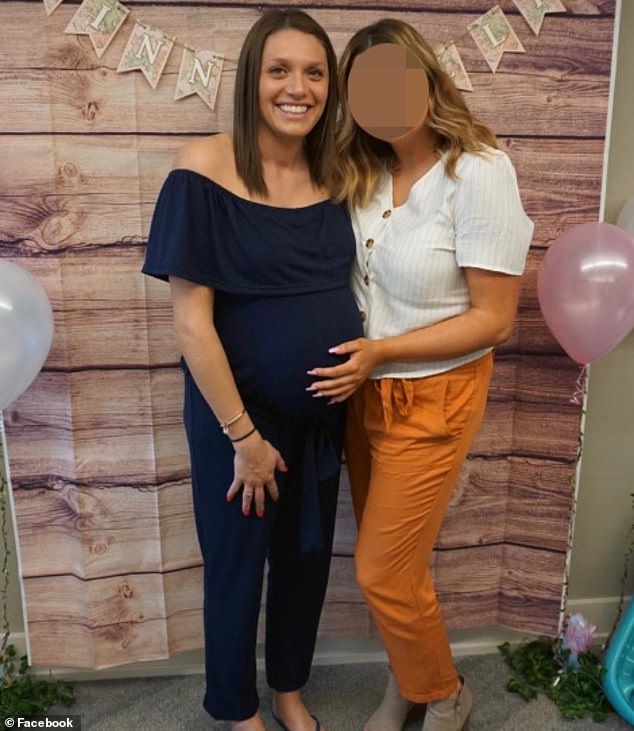 Caron is pictured while pregnant. Her alleged victim's father called cops late last year on seeing a photo of her daughter and being shocked by the resemblance to his son