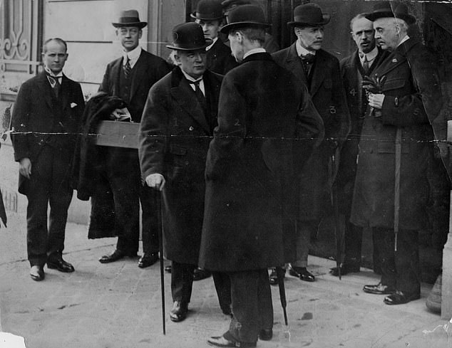 Momentous events during her long life included the First World War which ended in 1918 - pictured here are Paris peace talks including British politicians such as David Lloyd George