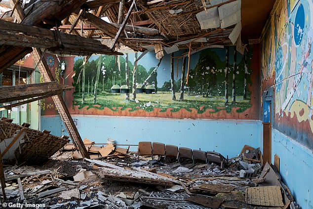 The Palace of Culture, built during Soviet times, was bombed by Russian invading troops on August 19, 2025 in Donetske, Ukraine