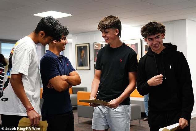 Pupils gather to collect their results  at Solihull School in Solihull, West Midlands