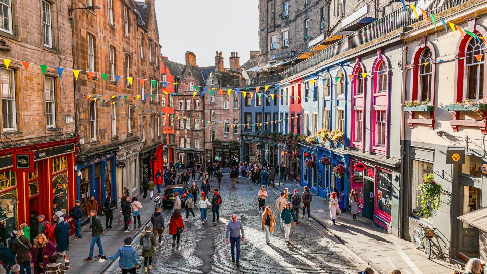 Aerial view of Victoria Street in Edinburgh, Scotland.