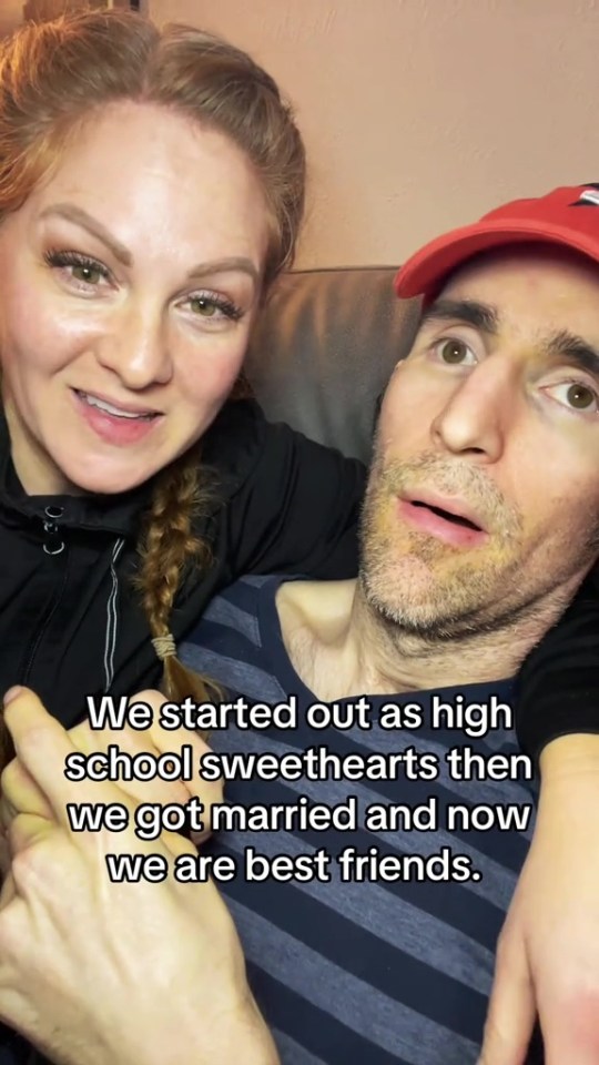 Close-up of a woman and man who were high school sweethearts and are now best friends.